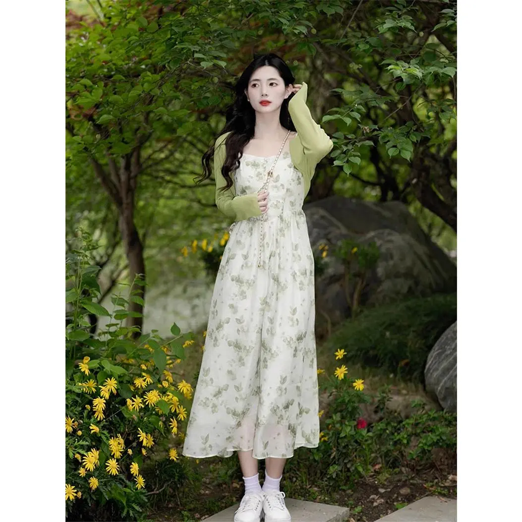 Chiffon Green Fresh Summer Sling Dress 2024 Summer New Mori Style French Style Platycodon Grandiflorum Dress for Women