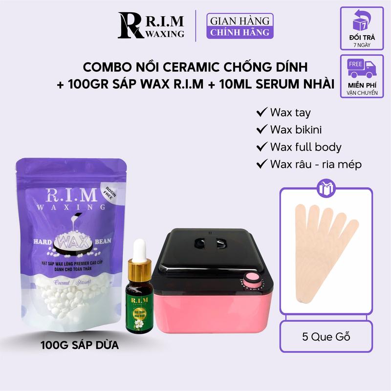 Combo Nồi Chống Dính Cao Cấp Ceramic R.I.M Waxing, 100g Sáp Wax Lông Nóng, Serum Mỡ Hoa Nhài 10ml, Tặng 25 Que Gỗ Nữ Women