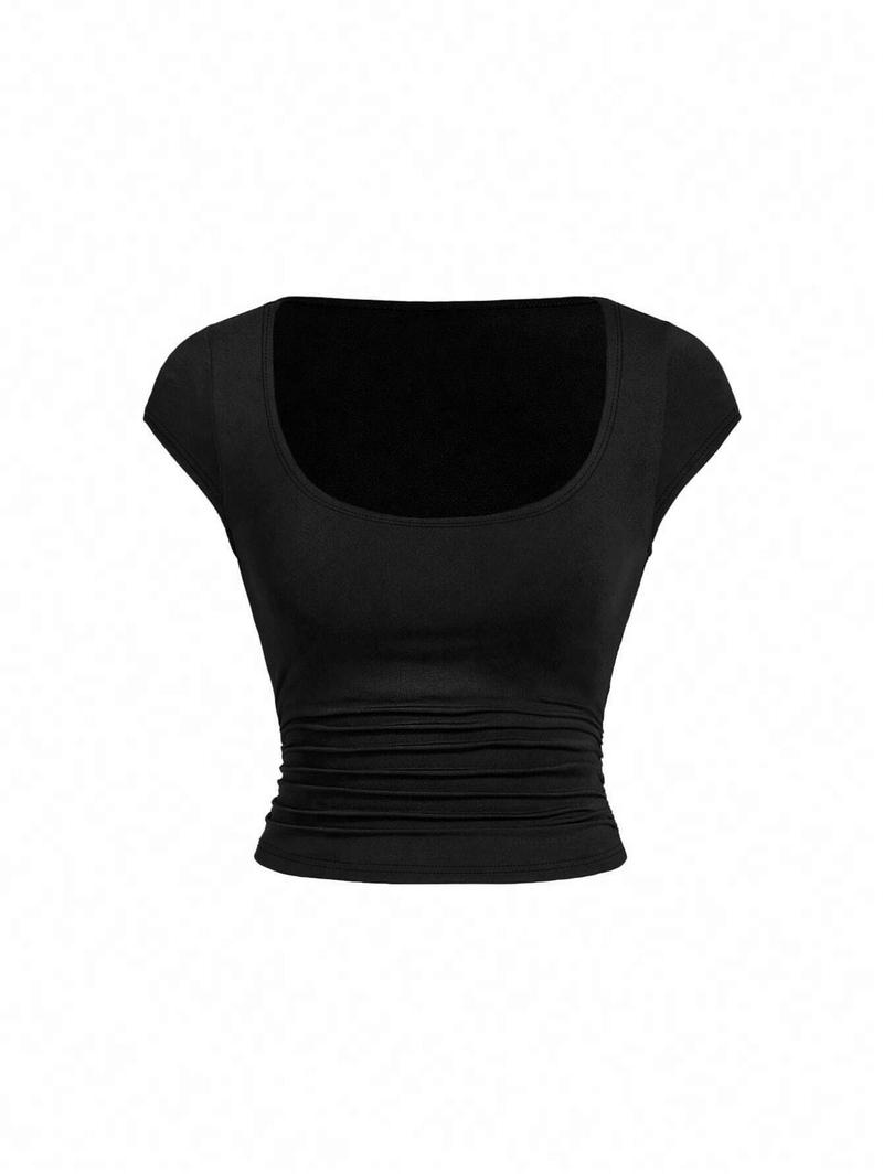 Product Introduction of Women's  Solid Ruched Scoop Neck Crop Tee, Casual Cap Sleeve T-shirt for Summer, Ladies Clothes for Daily Wear 3