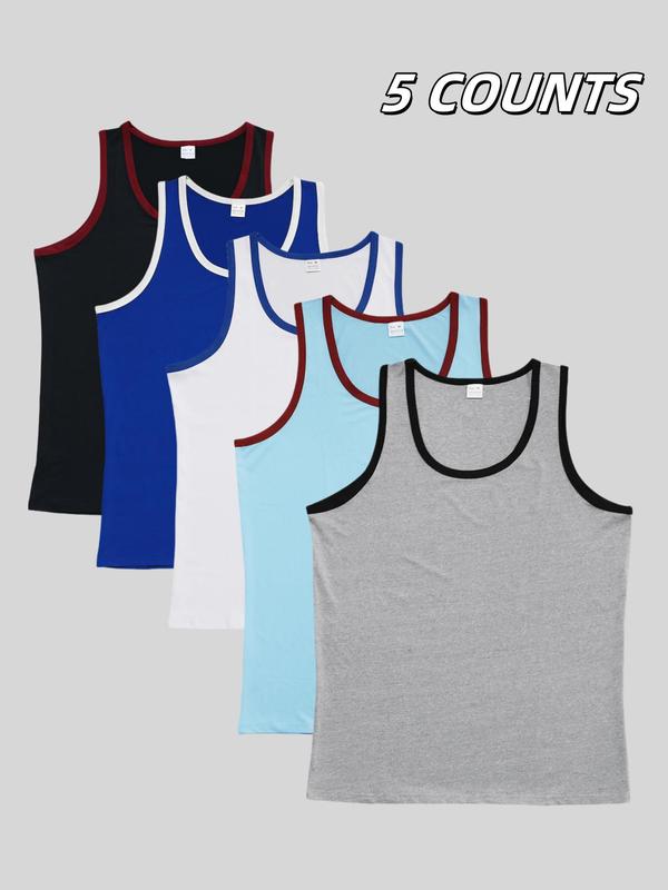 Men's Solid Color Contrast Trim Round Neck Tank Top, Regular Fit Breathable Comfortable Sleeveless Top for Gym Workout Running, Casual Sporty Top for Summer 0