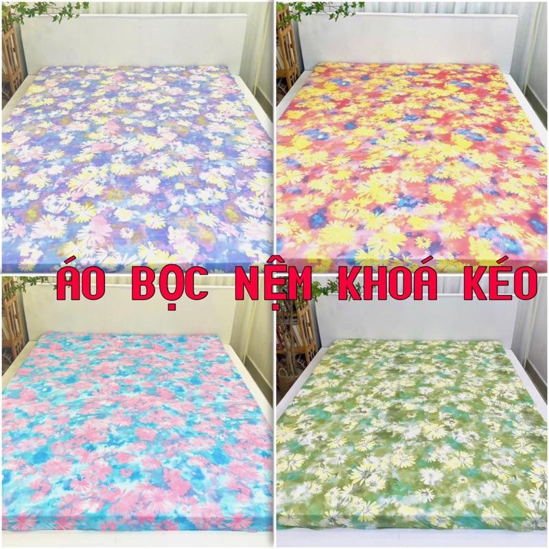 Áo bọc nệm thun lạnh khoá kéo 2 mặt hoa cúc hoạ mi 4 màu
