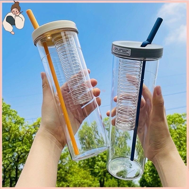 Bình Nước Detox Trong Suốt Dung Tích 700ml Có Ống Hút Tiện Dụng có thể gập lại, có ngăn đựng trái cây 1