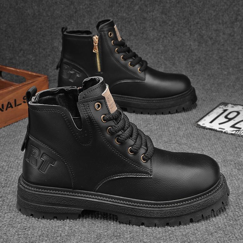 TikTok Shop Men s High Top Faux Leather Fashion Hiking Boots with Side Zipper Outdoor Travel Walking