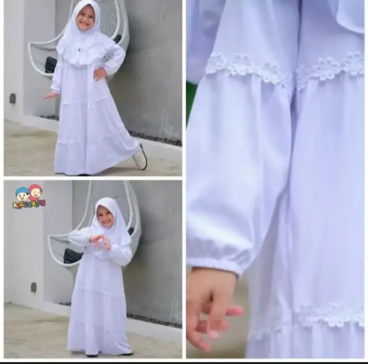 Produk GAMIS ANAK SET HIJAB PEREMPUAN TERBARU  USIA 5-8 TAHUN BAHAN KATUN GAMIS ANAK PEREMPUAN  PLUS KERUDUNG MOTIF RENDA KEKINIAN GAMIS ANAK PUTIH POLOS VARIASI RENDA BORDIR 2