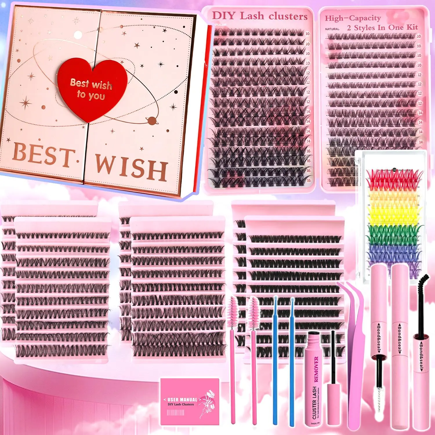 Individual False Eyelashes with Bond and Seal & Lash Remover & Tweezers & Brush, 1 Set Natural Look Eyelash Extensions, Self Grafting Eyelash Clusters