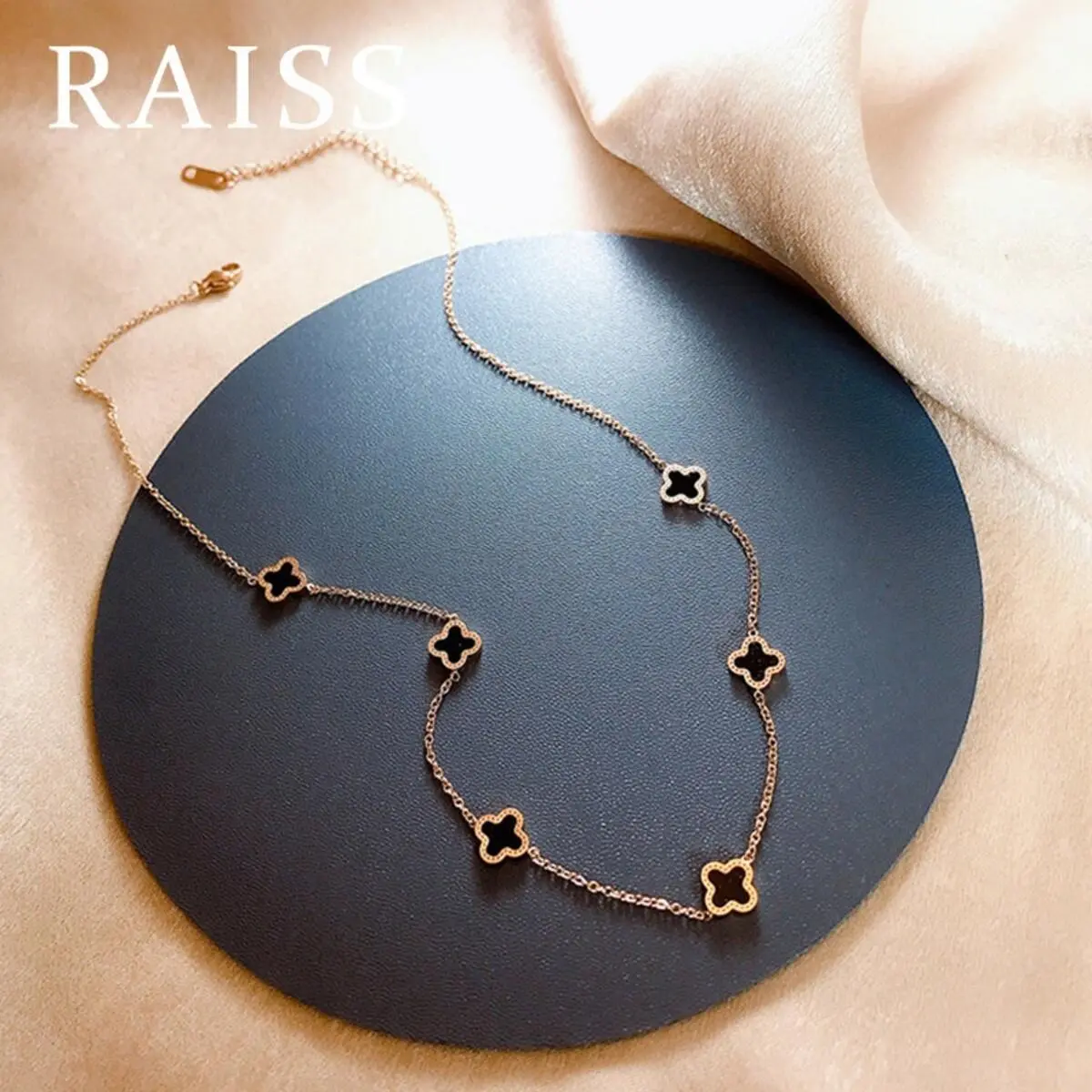 Kalung Keluli Tahan Karat, Rantai Semanggi Wanita, Kalung Semanggi Titanium, Kalung Rantai Mata Hitam, Fesyen
