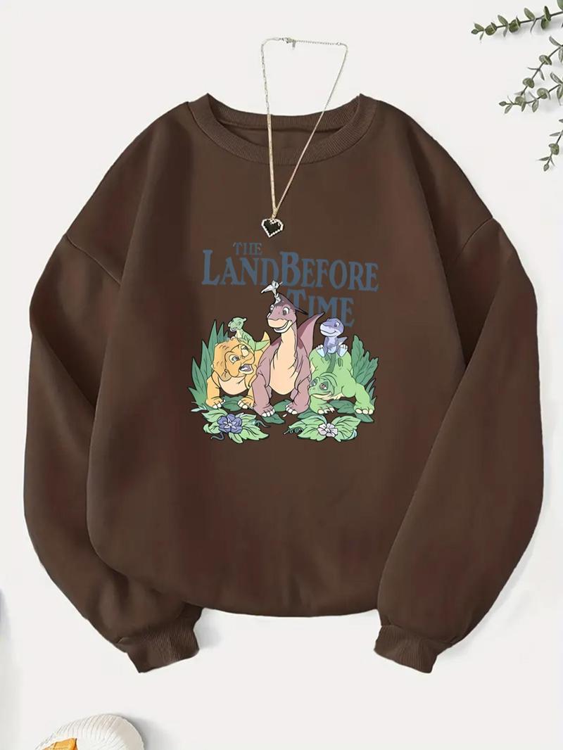 Product Introduction of Women's Cartoon Dinosaur Print Round Neck Sweatshirt, Fashion Casual Crew Neck Long Sleeve Pullover for Daily Wear, Ladies Fall & Winter Clothes 4