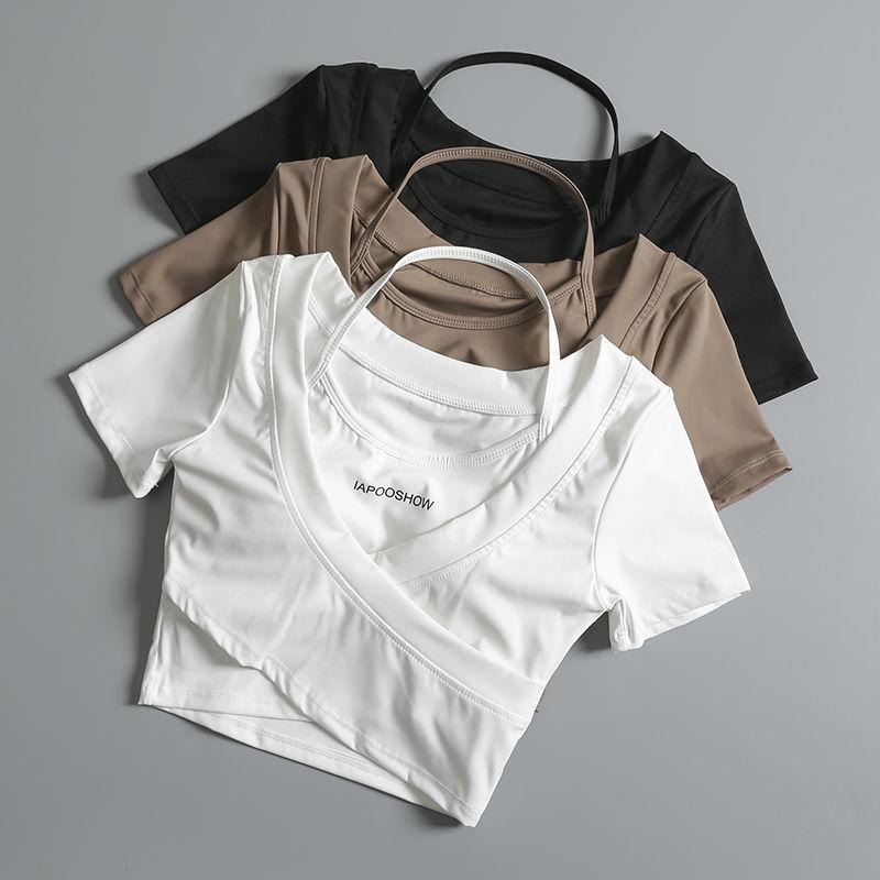 Product Introduction of Áo Crop-Top, dành cho nữ, ngắn Tay, bó sát, hai mảnh giả, thích hợp cho tập luyện, chạy, tập luyện, Yoga, áo phông với đệm ngực 1