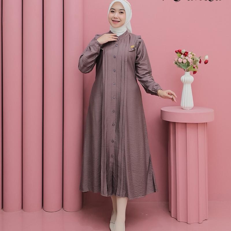 Aleva Midi Dress Polo Linen Kancing Premium By VanilaHijabFashion Lembut Wanita Muslim Linen Midi Nyaman Mewah 0