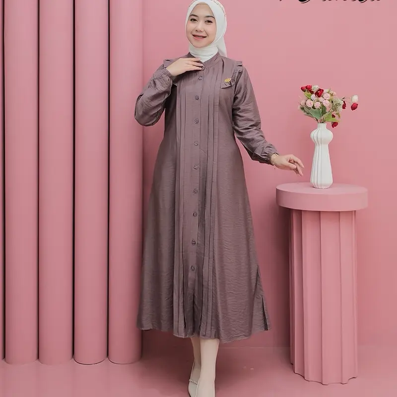 Aleva Midi Dress Polo Linen Kancing Premium By VanilaHijabFashion Lembut Wanita Muslim Linen Midi Nyaman Mewah 0