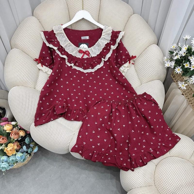 Product Introduction of Đồ mặc nhà Ong điệu, Bộ đỏ áo ngắn cổ tròn phối ren quần ngắn chất đũi mềm mại, cực mát 9