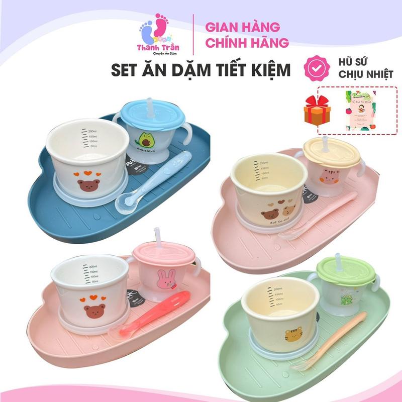 [TẶNG sổ tay 2 thìa] Set 4 món Bộ Bát Ăn Dặm truyền thống bé 5m+ ( khay + bát sứ chia vạch + cốc+ 2thìa) Cho Bé Voi Silicone