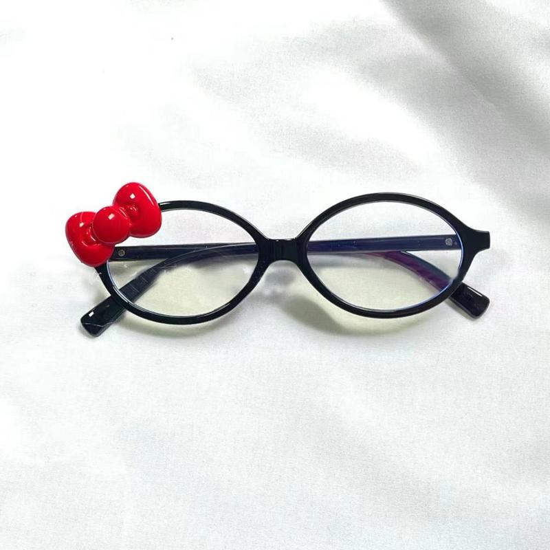  Kính Văn Hóa Phụ Hello Kitty Gọng Màu Đen Hình Bầu Dục Có Nơ Và Họa Tiết Da Báo Kính Mắt Thời Trang Không Theo Toác: Mặt Thon Gọn 