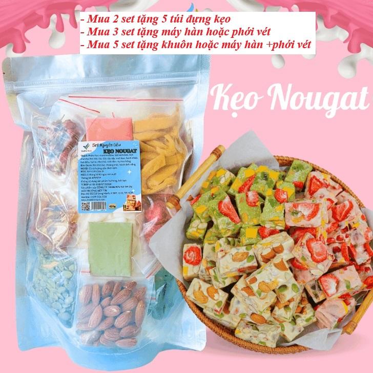 Set Làm Kẹo Nougat Vị Truyền thống 600g (~50-60 cái) Ít Ngọt Tặng Kèm Bơ Nhạt, Giấy nến, Bột Matcha, Bột Cacao mix vị