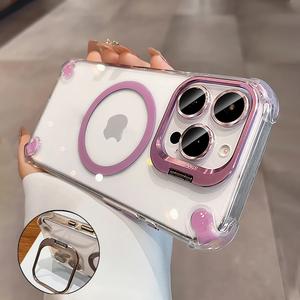 透明・磁気コーナー、厚型耐衝撃スマホケース（金属スタンド＆レンズフィルム付き）、iPhone 17 Pro Max／1/7 Air／16／15／14／13／12／11 Proシリーズ対応