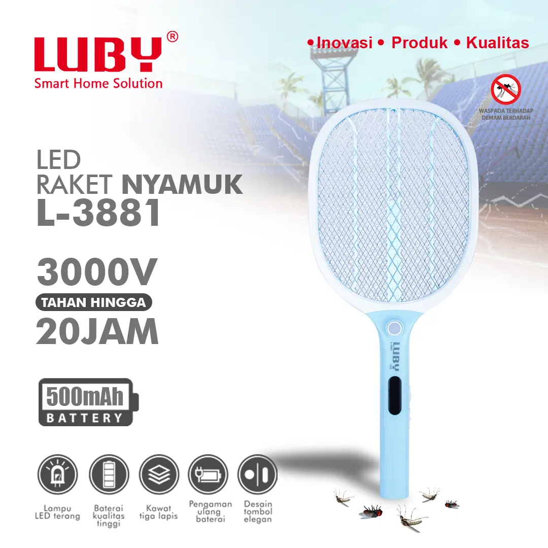 LUBY Raket Nyamuk Baterai Lithium 500mAh dengan Lampu LED Terang & Switch Perlindungan Aman L-3881