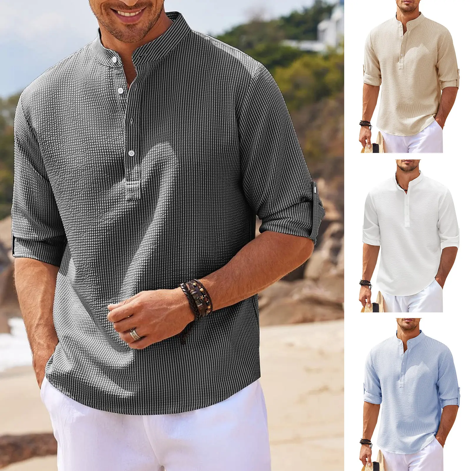 Lefeile Men Shirt Stand Collar Button Long Sleeve Cufflinks Plus Size Mid Length Soft Casual Slim Fit Men Fall Spring Summer Top