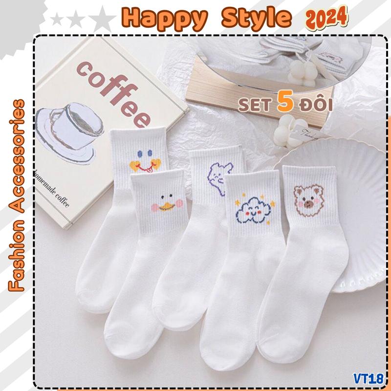 Tất Vớ Cổ Ngắn Sét 5 Đôi Tất Chân Nam Nữ Trắng Họa Tiết Cute Chất Cotton Co Giãn VT18 Lịch
