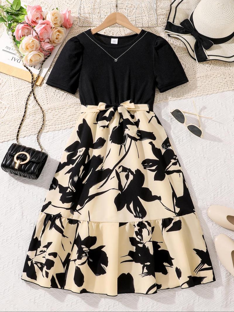 Product Introduction of Girl's Floral Print Belted A Line Dress, Elegant Fashion Casual Short Sleeve Dress for Daily Outdoor Wear, Girls Dress for Summer 1