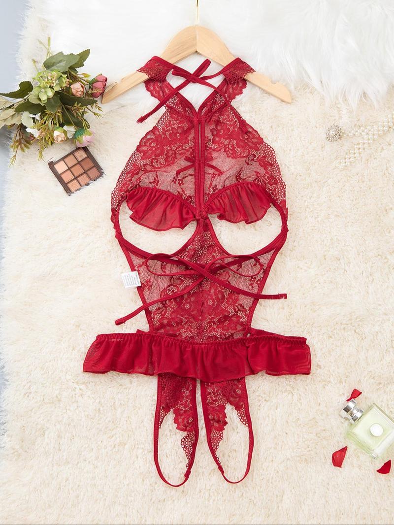 Product Introduction of Women's Cut Out Backless Sheer  Floral Lace Lingerie Bodysuit, Sexy Comfy Breathable Open Crotch  Design Cami Bodysuit for Daily Wear, Women's Lingerie for All Seasons 6