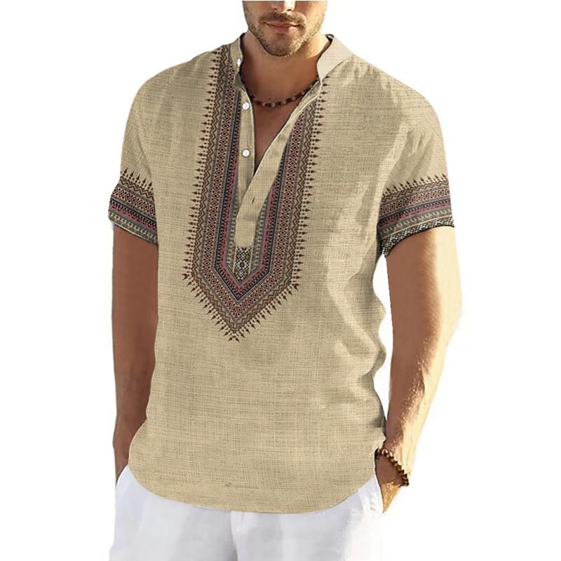 Product Introduction of 2025 New Year Ethnic Style Barong Shirt Men's Stand Collar Short Sleeve Top 3D Bohemian Traditional Retro Ethnic Clothes Outdoor Loose Breathable Quick-Drying Large Size Men's Clot 28