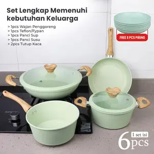 [FREE PIRING] Panci Wajan Set 6 Pcs Anti Lengket - Panci Wajan Serbaguna Estetik - SET 6PCS + PIRING 6PCS (MINT)