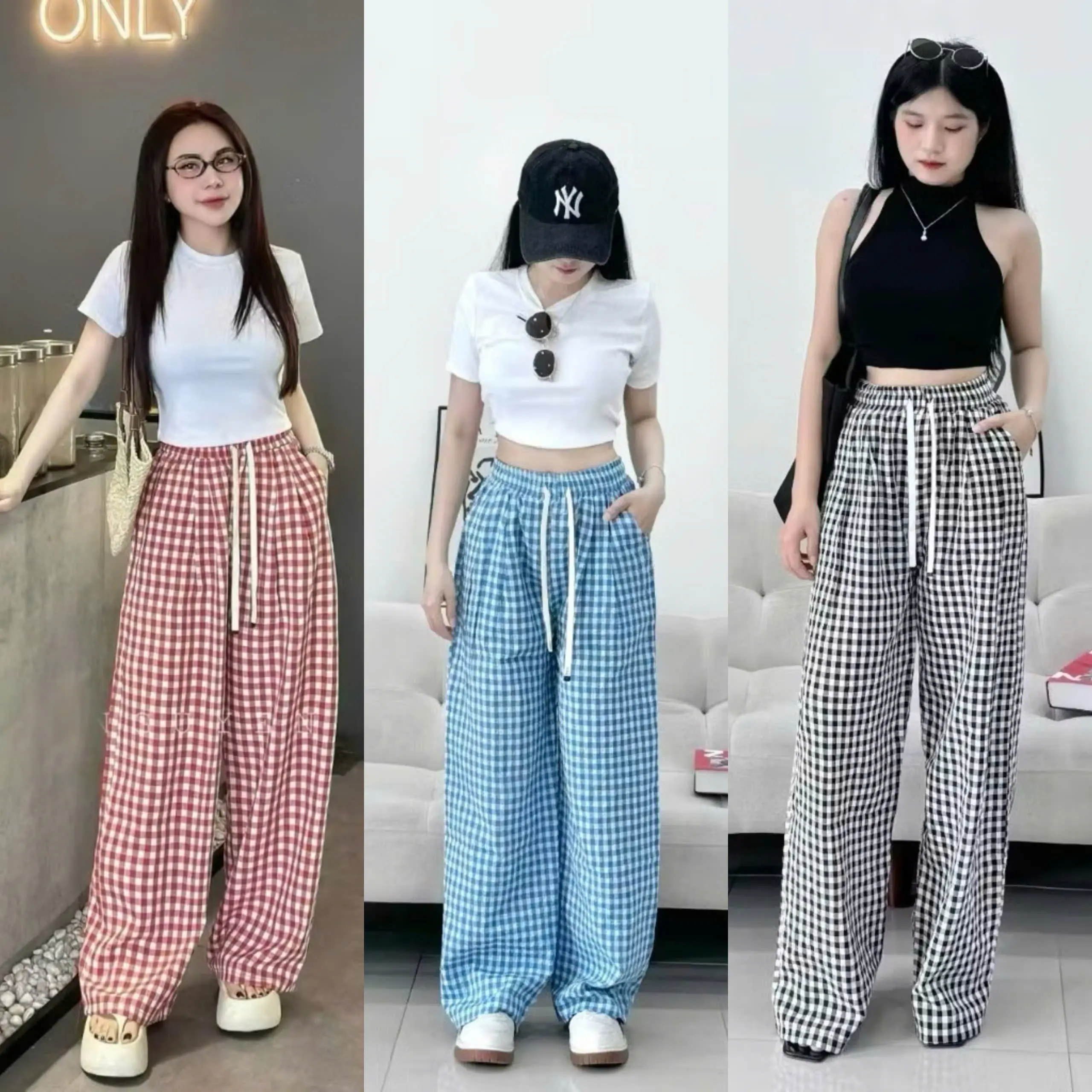 Combo 5 GMV quần dài kẻ sọc caro Nữ dáng suông ống rộng trendy "Best seller" QDHU01 by 9397 quần  hồng pastel quan  xuong quandake  caro