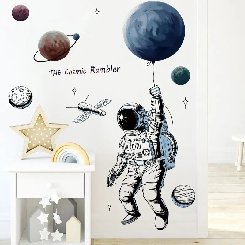 Space Theme Cartoon Wall Sticker, 1 Set Self Adhesive Wall Decal, Removable DIY Wall Decor for Home Living Room Bedroom School Classroom 0