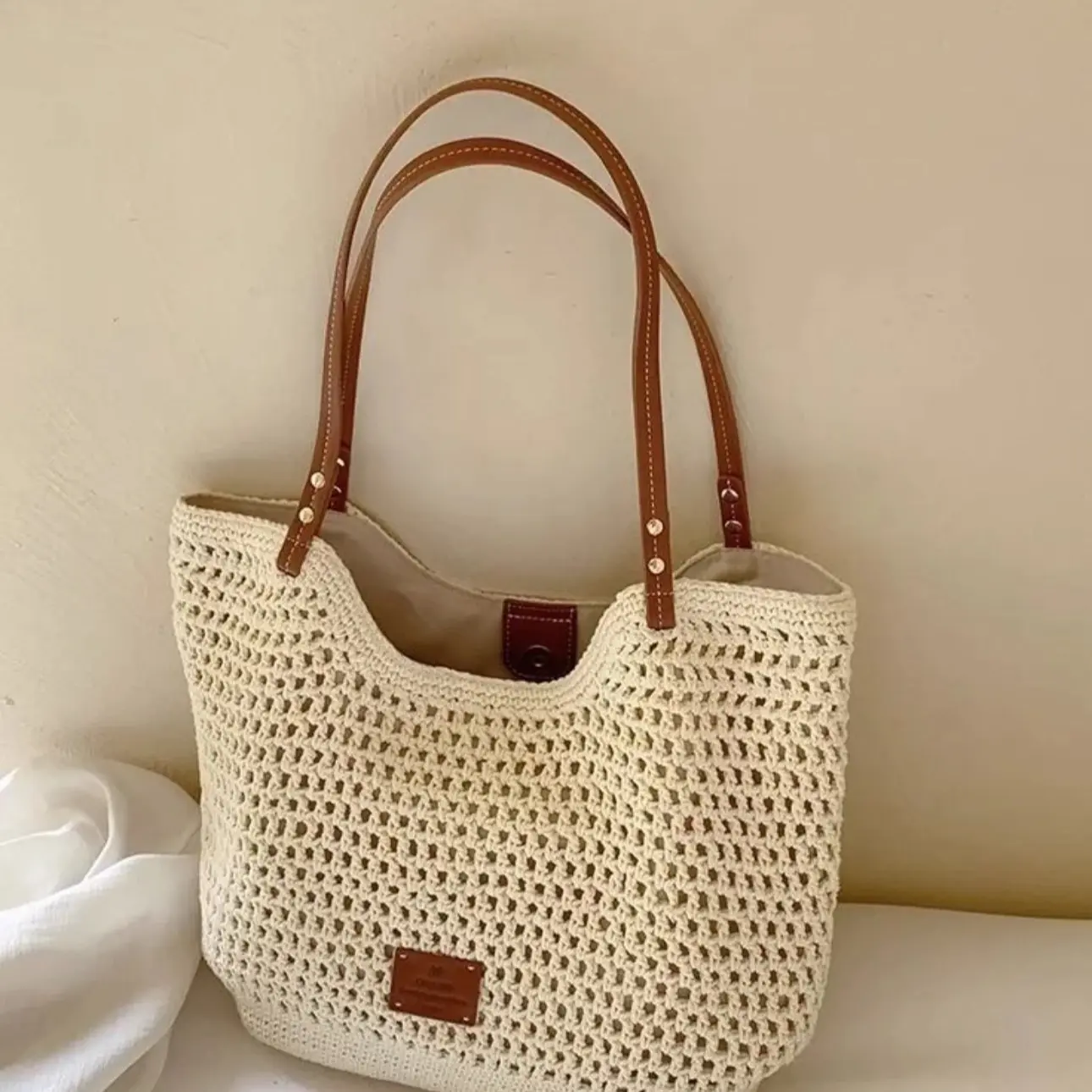 yixiaaa Túi tote dệt chio phong cách Bag Nữ Đeo Vai Chữ Nhật Hình Chữ Nhật Da đi biển lưới