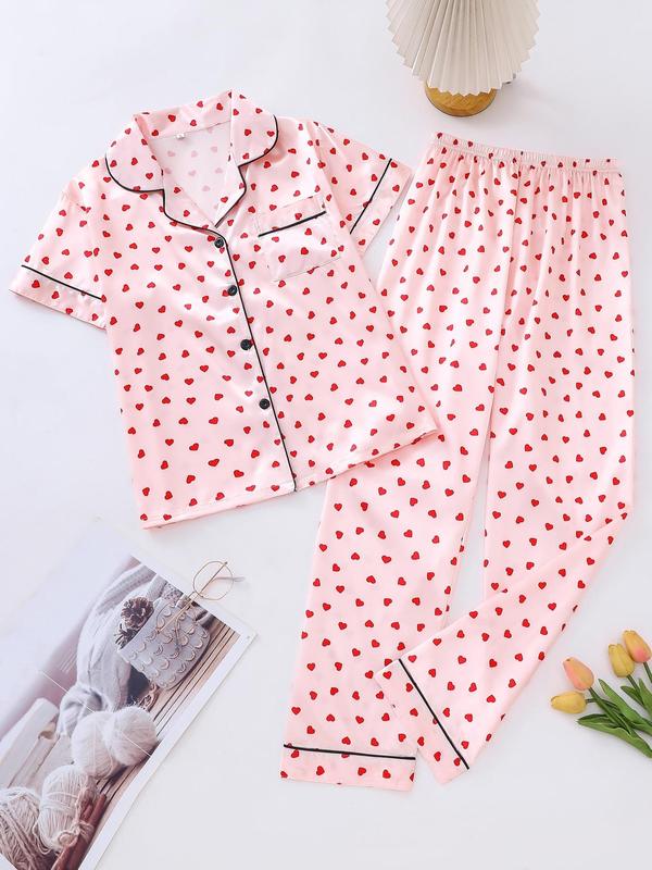 Two Counts Women's Lapel Shirt & Elastic Waist Pants Pyjamas Set, Pj Sets for Women, Casual Button Front Top & Trousers Loungewear Set, Pyjamas for Women, Lounge Set, Ladies Sleepwear for Summer, Hide Tummy Wear Uk, Pajamas, Womenswear 2
