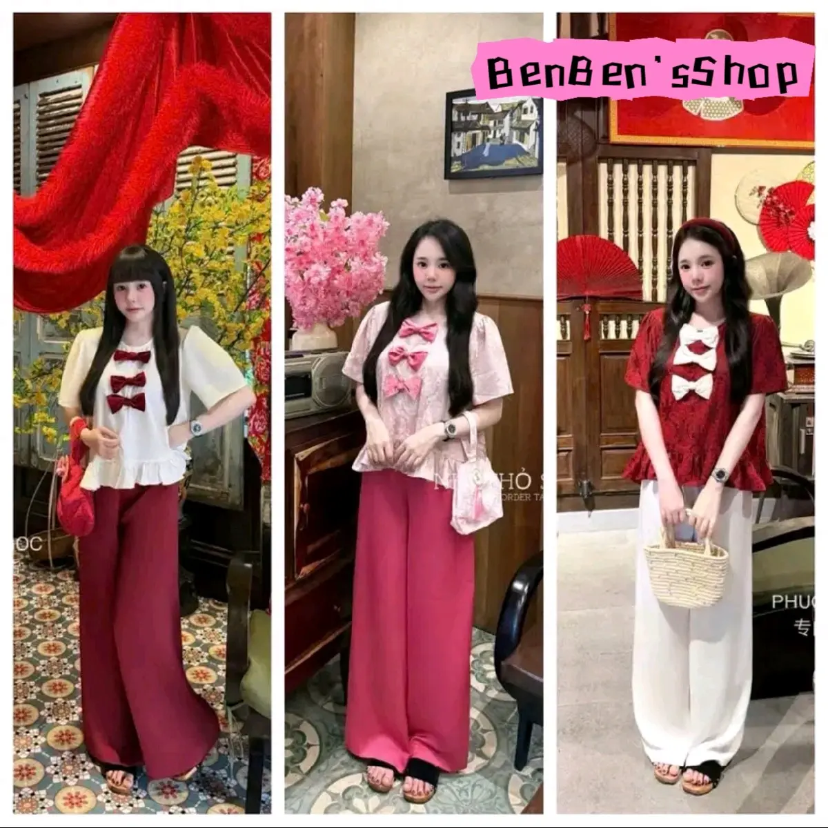 set đi chùa đầu năm áo gấm đính nơ mix quần suông chất satin siêu xinh