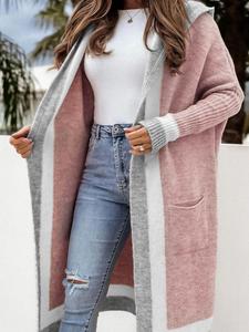 Women's Patchwork Print Drop Shoulder Hooded Cardigan, Casual Loose Long Sleeve Pocket Cardigan, Ladies Knitwear for All Seasons