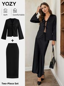 YOZY Women's Solid Color V Neck Long Sleeve Top & Long Skirt Two-piece Set, Elegant Fashion Casual Two Piece Outfits for Work Office Business, Ladies Clothes for All Seasons