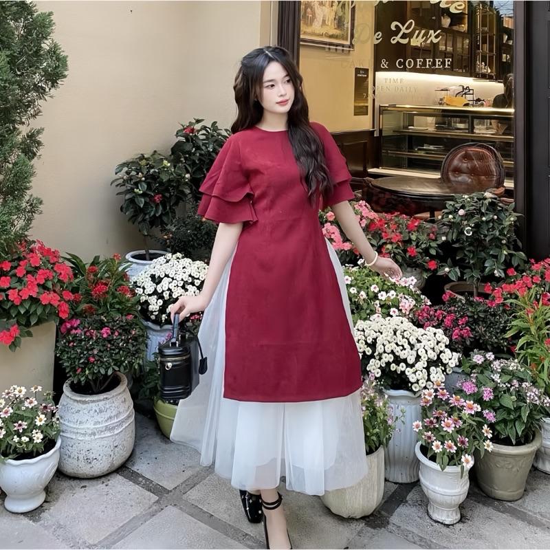Product Introduction of Sét Áo Dài Cách Tân Nhung Tăm Mặc Tết 2025 Gồm Áo Dài Nhung Tay Xoè + Chân Váy Xoè Dài Nữ Women Dress Đỏtop 2025top 6