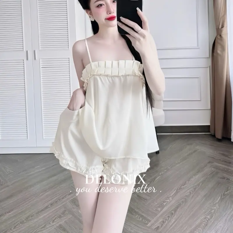 B17 Bộ đồ ngủ lụa pijama xếp ly 2 dây cute sang chảnh tôn dáng cao cấp chuẩn hàng bộ ngủ DELONIX 3