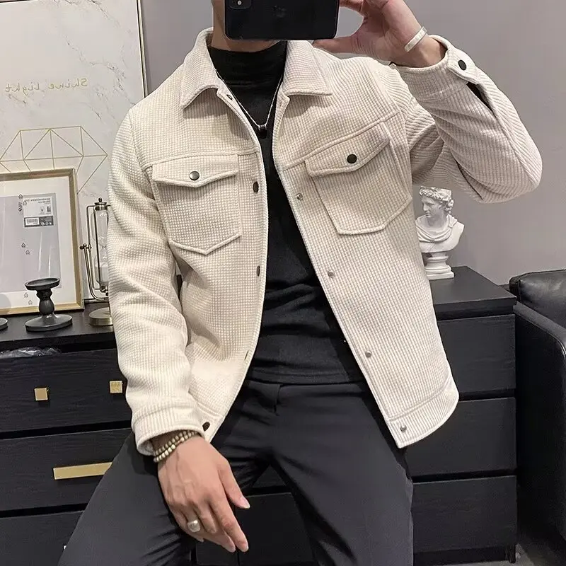 Hong Kong Style Solid Tweed Jacket Men's Cropped Lapel Trend Light Mature Style Jacket Tops
