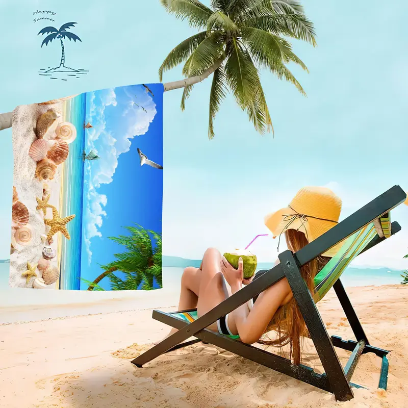 Starfish & Beach Pattern Beach Towel, 1 Count Quick Drying Beach Towel, Soft Absorbent Towel for Home Bathroom Beach Vacation 6