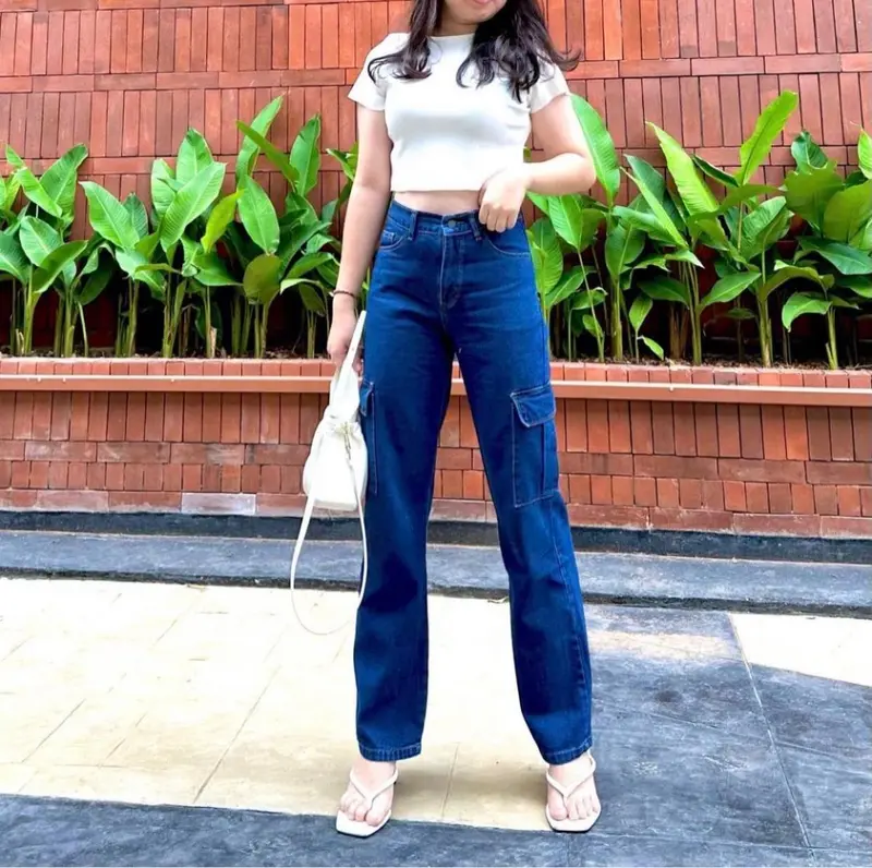 CELANA KULOT CARGO LOOSE HIGHWAIST WANITA PREMIUM Denim Kancing Light Panjang Saku Samping jeans 8