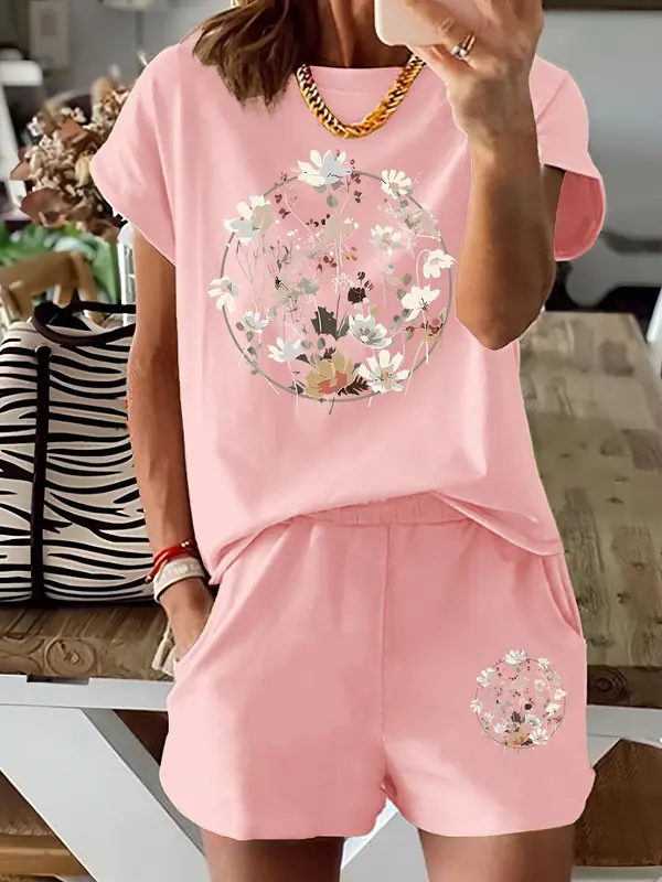 Two-Piece Set Women's Floral Print Tee & Shorts, Casual Round Neck Short Sleeve T-shirt & Shorts for Summer, Ladies Clothes for Daily Wear 6