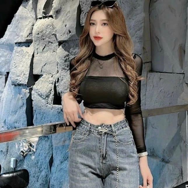 Áo thun cổ tròn cao ôm croptop tay dài phối lưới sexy Nữ