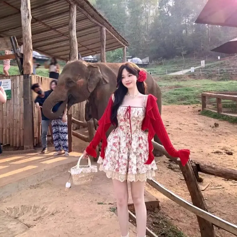 Sét váy 2 dây tiểu thư họa tiết hoa lá phối ren kèm áo khoác bèo dễ thương đi du lịch Đà Lạt,đi biển, chụp hình , sống ảo  siêu xinh cho nữ - Women 4