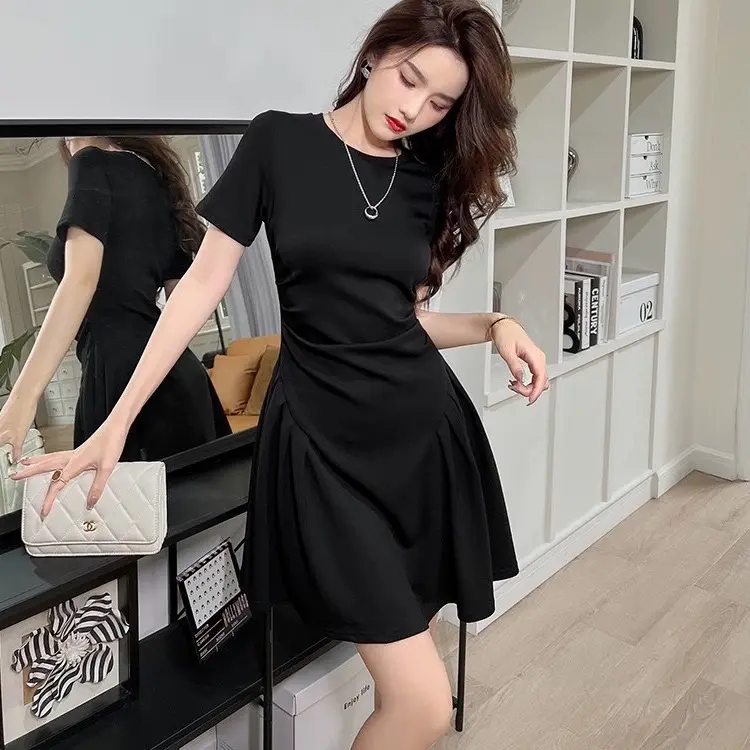 Váy Hanna9 thanh lịch phong cách Hàn Quốc, mềm mịn mát Dress Women Nữ Khuy AA02 Kem Nhung Sen Màu Đen Sang trọng Rhinestones giặt bằng nước lạnh 【 đá quý 】 đen váy thường mặc