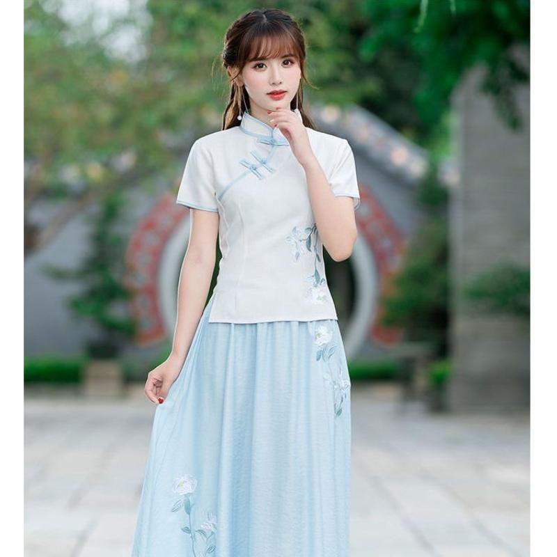 Bộ Đồ Hai Mảnh Bằng Vải Bông, Phong Cách Trung Quốc Cộng Hòa, Quần Áo Nữ, Thiết Kế Khóa Cổ Điển Chất Liệu Vải Bông Và Vải Lanh, Thêu, ngắn Tay, Thích Hợp Cho Nghệ Thuật Trà, Bộ Đồ Sườn Xám Cải Tiến 2
