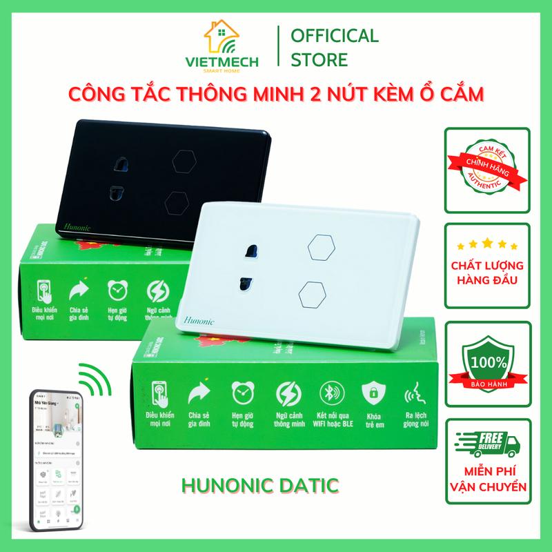 [2 nút kèm ổ cắm] Công tắc cảm ứng Wifi Hunonic Datic 2 nút kèm 1 ổ cắm thế hệ mới | Điều khiển đèn từ xa qua điện thoại, hẹn giờ bật tắt đèn tự động, thay thế công tắc cơ truyền thống