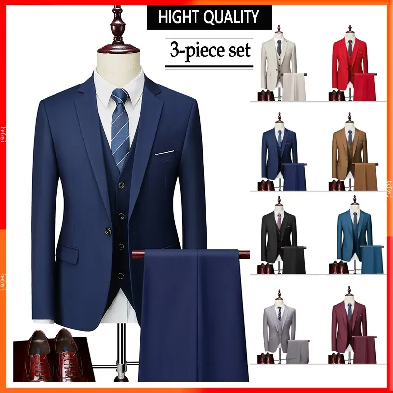 [Local Delivery]3-Piece Set Men Suits Formal Business Wedding Casual Korean Slim Fit Blazer Office Coat Jackets Tuxedo Sut lelaki PH05