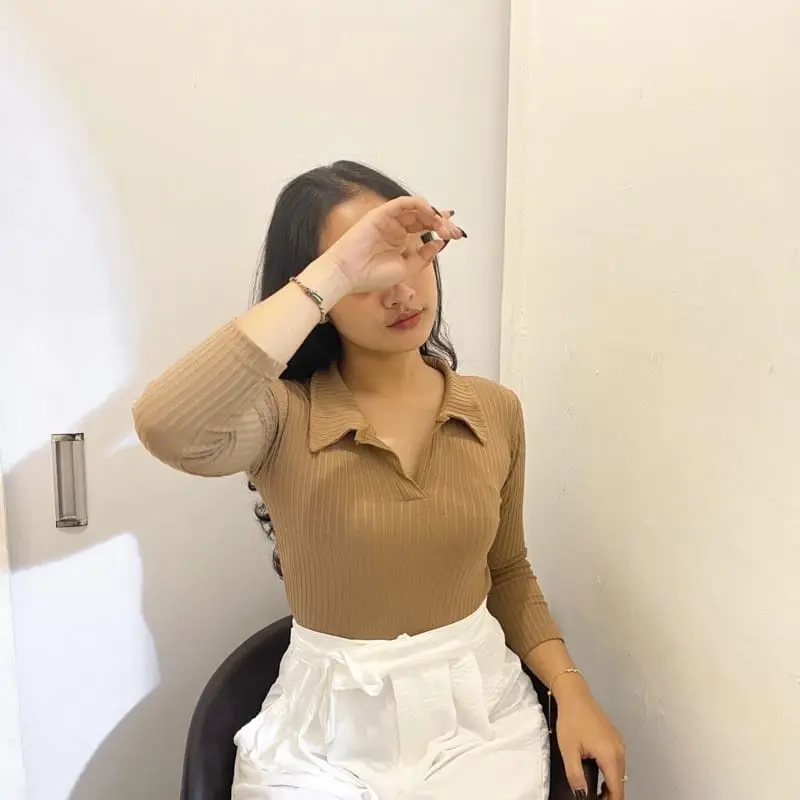 Alena Longsleeve Korea//Baju Atasan Wanita berkerah polo bahan rajut Crop Fit