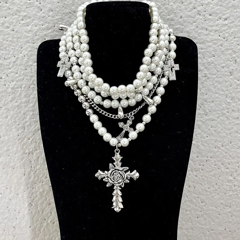 Vòng Cổ Choker Baroque, Thiết Kế Đặc Biệt Cho Ngành Công Nghiệp Nặng, Vòng Cổ Chữ Thập Ngọc Trai Nhiều Lớp, Dây Chuyền Xương Đòn Hoa Hồng, Hai Lớp, Thời Trang