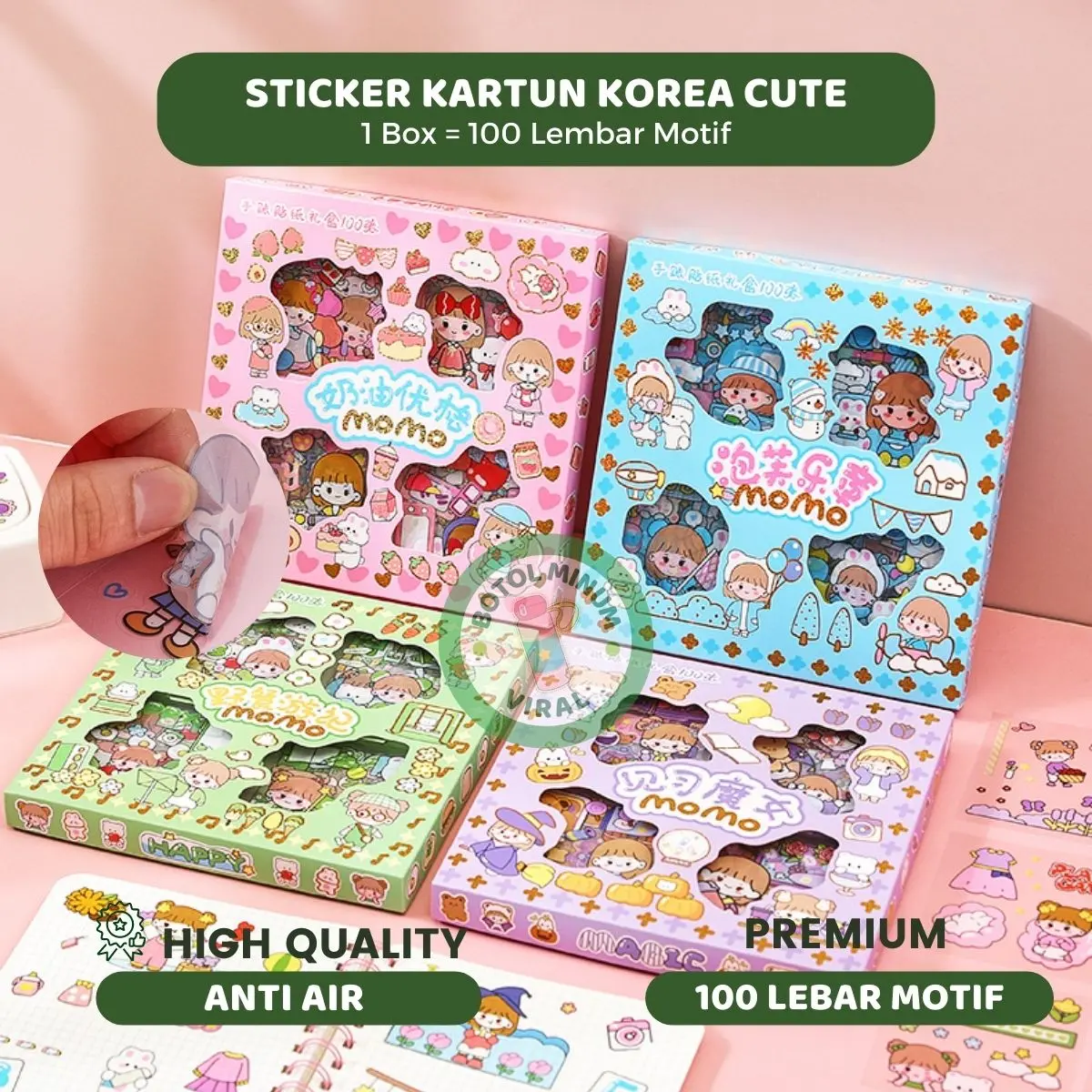 100 Lembar Sticker Motif Kartun Korea Lucu Anti Air Dekorasi Berwarna Hadiah Tahan air paper  stationery