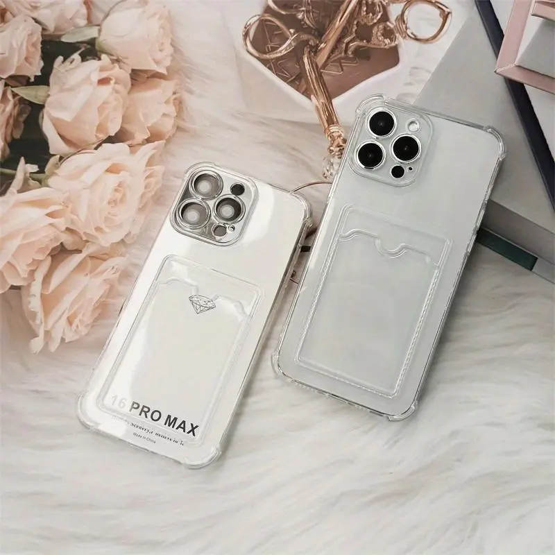 Minimalist Phone Case with Card Slot, Clear Anti-drop Phone Protective Cover, Phone Accessories Compatible with iPhone 16 15 14 13 12 18 7 Plus Pro Max Mini Series, Casing 5