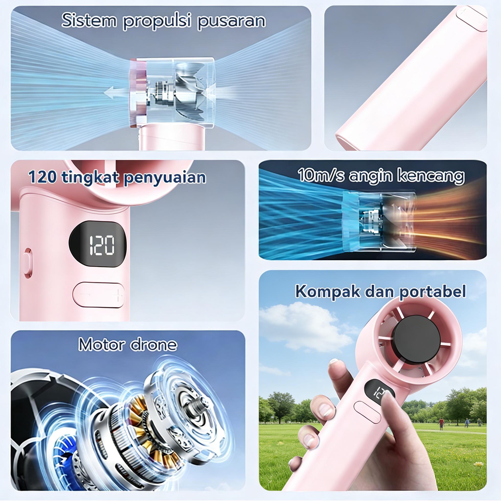 COD 2026 Kipas Angin Mini Portable Genggam - Kuat Angin Kecil dengan Tali Gantungan untuk Anak Sekolah Murah kipas angin mini kuat tahan lama 24 jam usb kipas angin mini 16500RPM 120 gear wind hight-speed kipas angin digital display adjustable fan